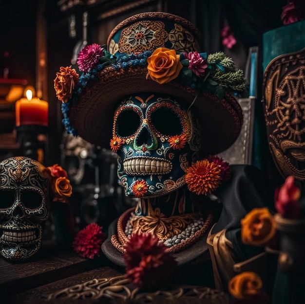 Teschio tradizionale messicano Los Muertos Decorato con fiori AI generativa