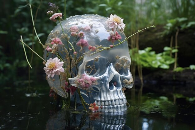 Teschio trasparente pieno di acqua fiori galleggianti all'interno in un ambiente botanico