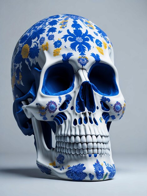 Teschio umano bianco con colore Delft intorno al cranio