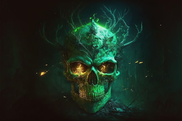 Teschio verde Testa di scheletro malvagio Concetto di Halloween AI generativa