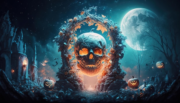 Teschio Zombie e zucca di Halloween Del cimitero della foresta del giardino di notte con la luna piena Ai genera
