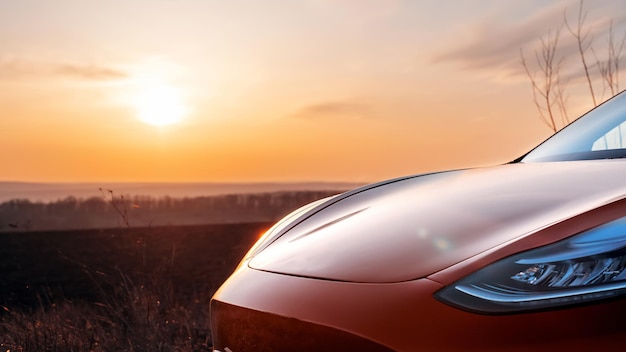 Tesla Model 3 rossa parcheggiata al tramonto