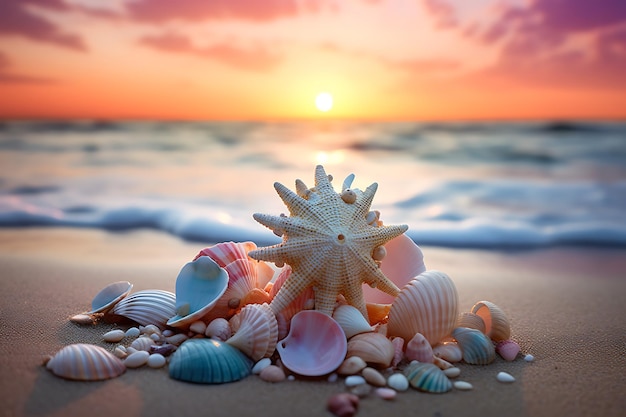 Tesoro di conchiglie sulla foto del paesaggio della spiaggia di sabbia