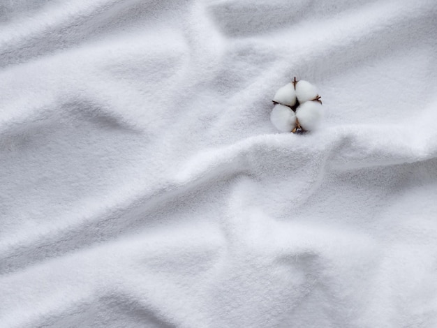 Tessuto asciugamano bianco con fiore di cotone Spazio per il testo