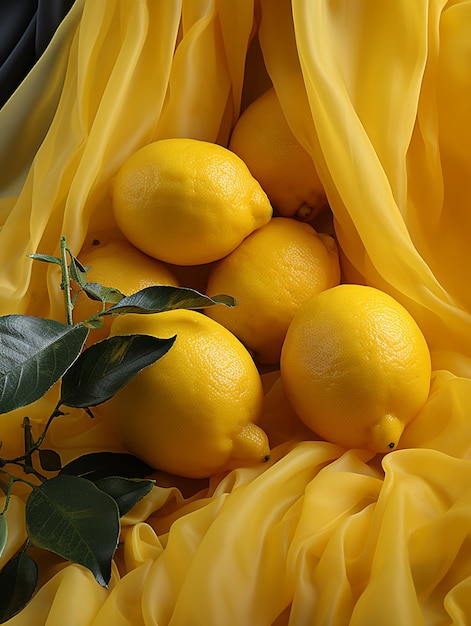 tessuto giallo con limoni e foglie generative ai