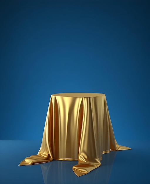 tessuto lussuoso dorato posto sul piedistallo superiore sullo sfondo del podio con rendering 3D del concetto di lusso