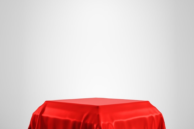 Tessuto lussuoso rosso disposto sul piedistallo superiore o sullo scaffale in bianco del podio sulla parete bianca con il concetto di lusso. Rendering 3D.