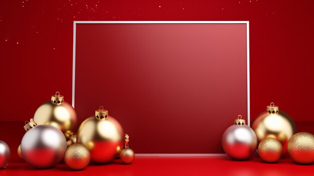 tessuto natalizio con palle d'oro stelle e fiocchi di neve su uno sfondo rosso IA generativa