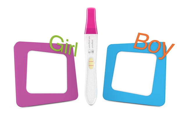 Test di gravidanza in plastica positivo tra cornici per foto con segni di ragazza e ragazzo su sfondo bianco. Rendering 3D