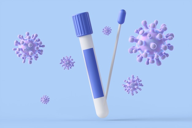 Test PCr Coronavirus COVID-19 isolato su sfondo blu. Fiala blu con un bastoncino di tampone nel naso. illustrazione della rappresentazione 3d.