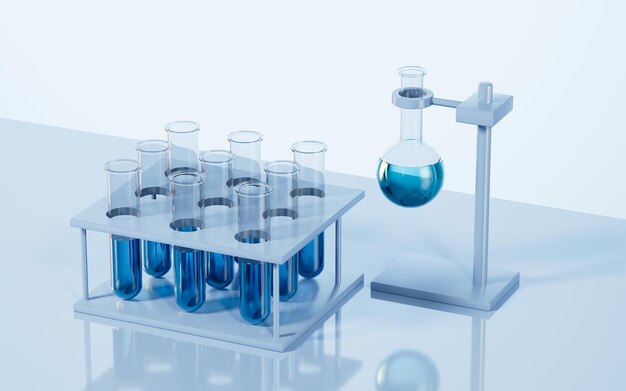 Test tubes and round flask on the desk in the lab 3d rendering
