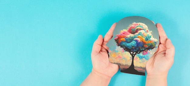 Testa con albero colorato, concetto di spiritualità e creatività, connessione con la natura, emozione positiva