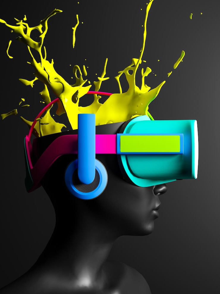 Testa con auricolare VR colorato e spruzzo di esplosione giallo su sfondo nero d rendering