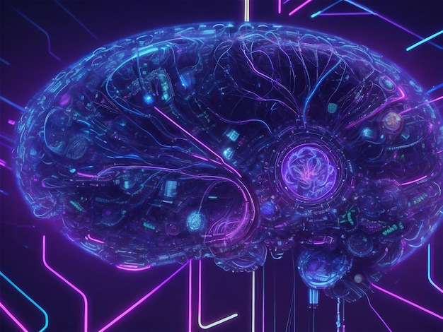 Testa del cervello del circuito luminoso astratto su sfondo nero Intelligenza artificiale e tecnologia