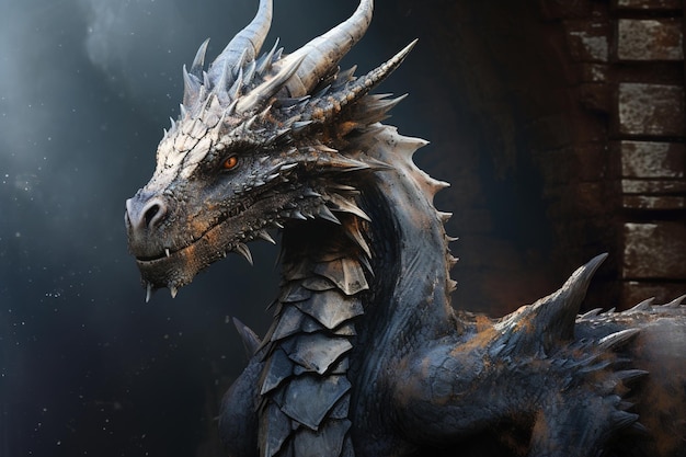 Testa del drago fantasy Mostro feroce Drago feroce con le fauci spalancate Illustrazione digitale