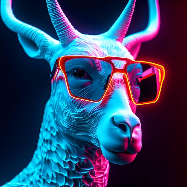 Testa di alpaca al neon con occhiali illustrazione 3D