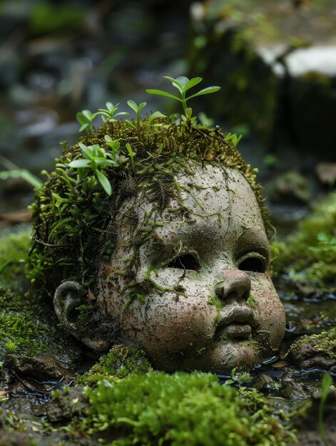 Testa di bambola coperta di muschio in un ruscello della foresta