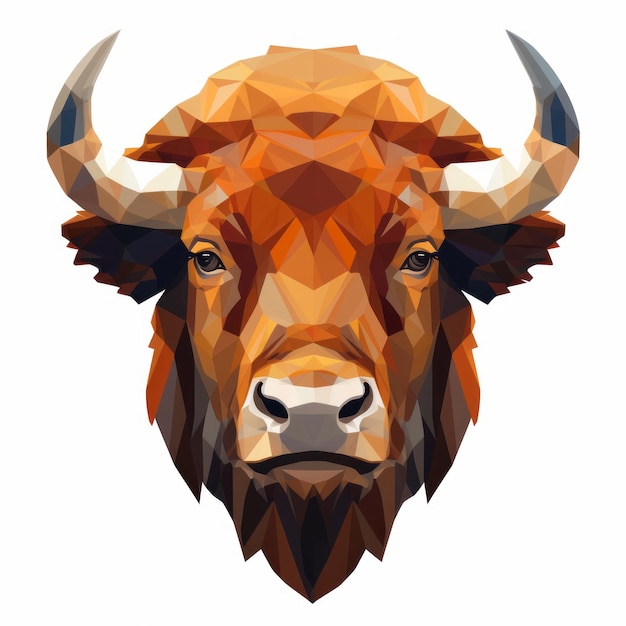 Testa di bisonte geometrica impeccabile, audace ma elegante, nei toni marrone scuro e arancione su sfondo bianco