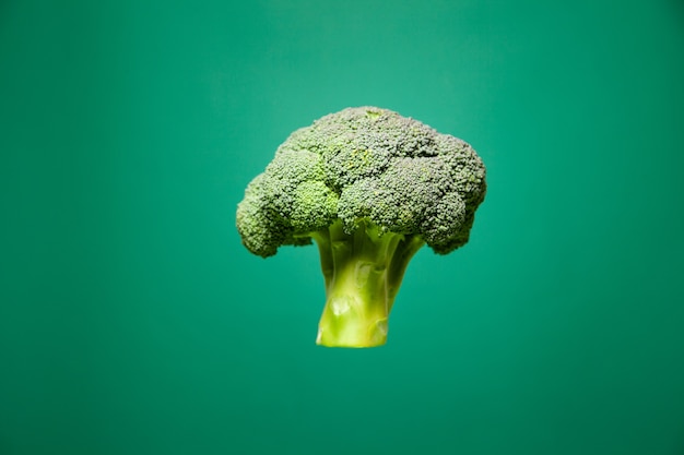 Testa di broccoli freschi appesa in studio verde