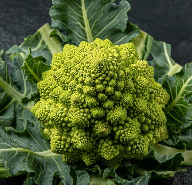 Testa di broccolo romanesco su una superficie di pietra scura