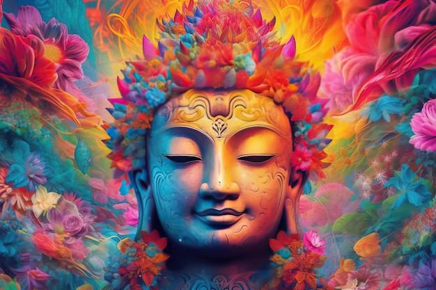 Testa di Buddha completa e dettagliata su un collage di arte digitale con sfondo colorato IA generativa