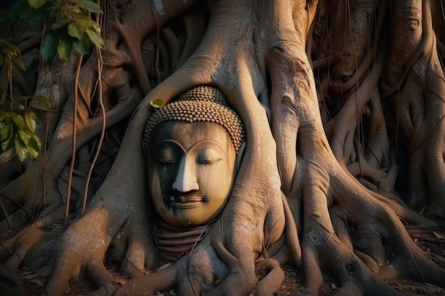 Testa di Buddha nelle radici di un albero
