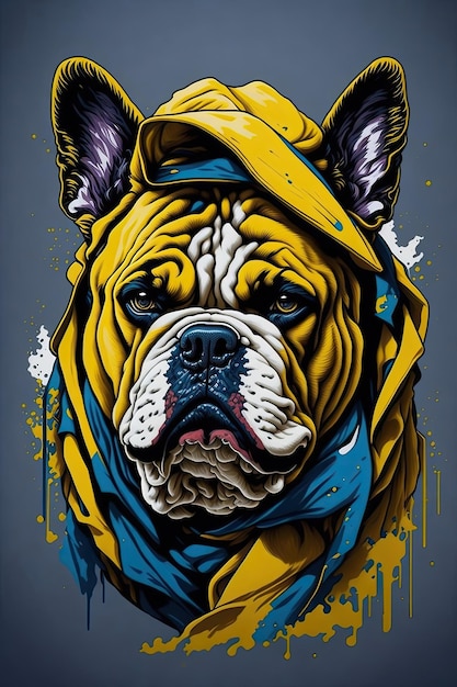 Testa di bulldog in una bandana gialla