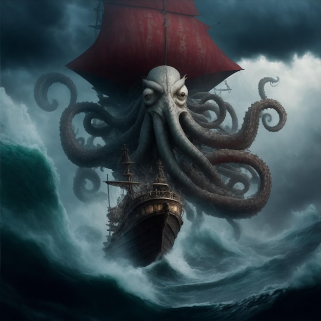 testa di calamaro gigante kraken che avvolge i suoi tentacoli intorno alla nave pirata dell'illustrazione