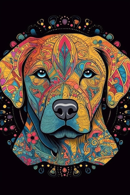 Testa di cane colorato mandala pittura immagine illustrazione animale AI generato art