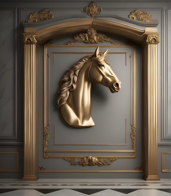 Testa di cavallo dorata con cornice classica per parete interna