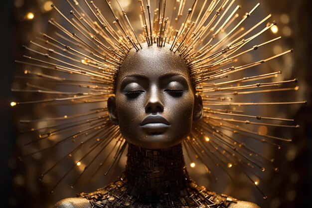 Testa di chiodi di ferro Dea guerriera medievale in pelle dipinta dorata medusa futuristica Cyborg Gothic S