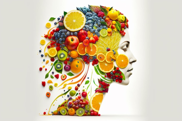 Testa di donna composta da frutta e verdura con l'immagine della testa di donna composta da frutta e verdura AI generativa