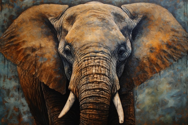 Testa di elefante su sfondo grunge Ritratto di animale Pittura vintage Pittura contemporanea di un elefante strutturato a olio su tela Generato dall'intelligenza artificiale