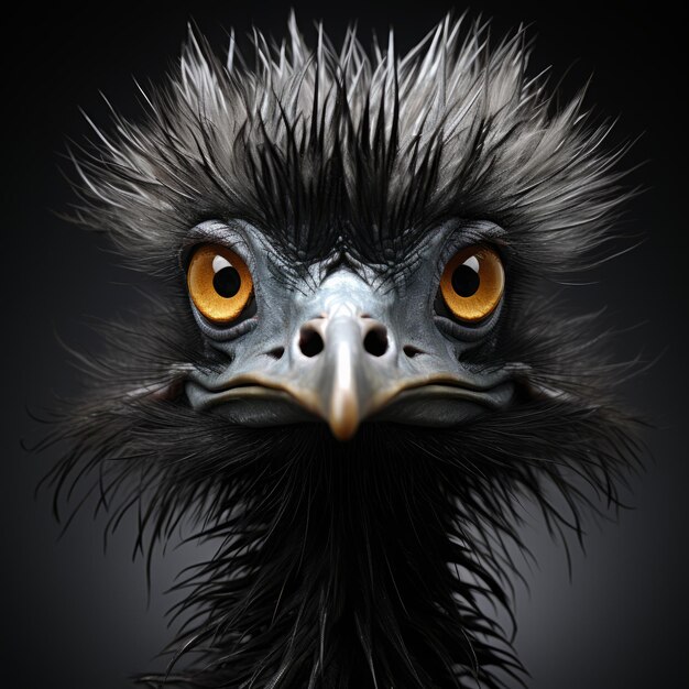 Testa di Emu espressiva in stile Zbrush su sfondo nero