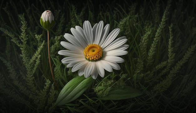 Testa di fiore di camomilla fresca in vibrante sfondo blu AI generativa