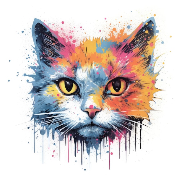 Testa di gatto colorato arte illustrazione artistica spruzzata di vernice multicolore AI generativa