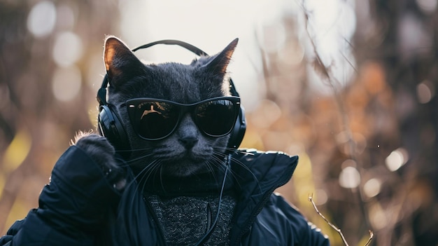 testa di gatto con occhiali da sole e cuffie indossa giacca ascolta musica Generative Ai