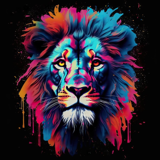 Testa di leone colorata in bronzo scuro e azzurro stile neonpunk Lith Print Generative AI