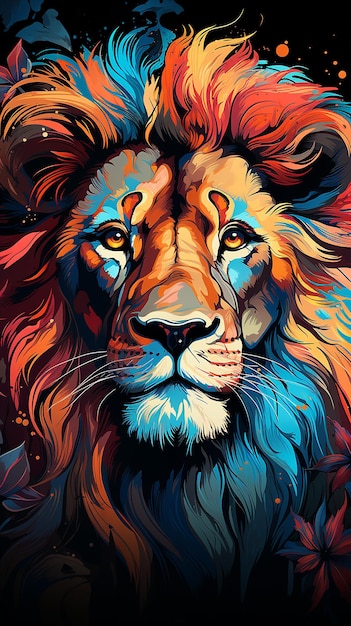 Testa di leone colorata in stile pop art isolata con sfondo nero