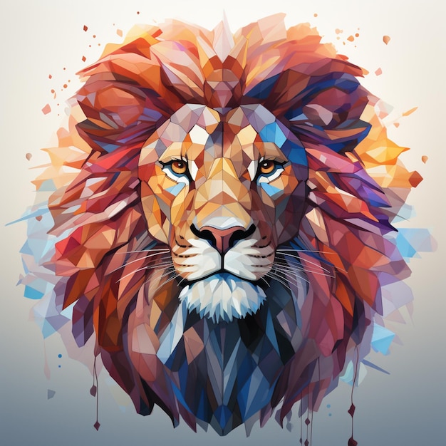 Testa di leone colorata su sfondo bianco nello stile di forme a strati colorate e opere d'arte concettuale