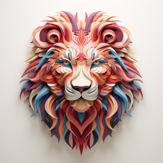 Testa di leone colorata su sfondo bianco nello stile di forme a strati colorate e opere d'arte concettuale