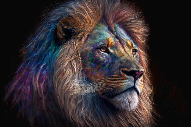 Testa di leone in brillanti colori acidi al neon Illustrazione digitale