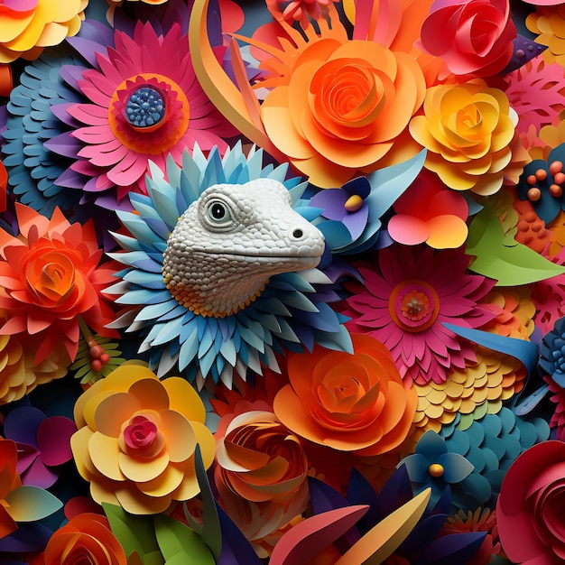 Testa di lucertola Abstract sfondo colorato Disegno floreale psicodelico tessuto Arte digitale AI generativa