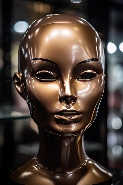 Testa di manichino dorato di una modella femminile in tonalità seppia con occhi lucidi e accattivanti IA generativa