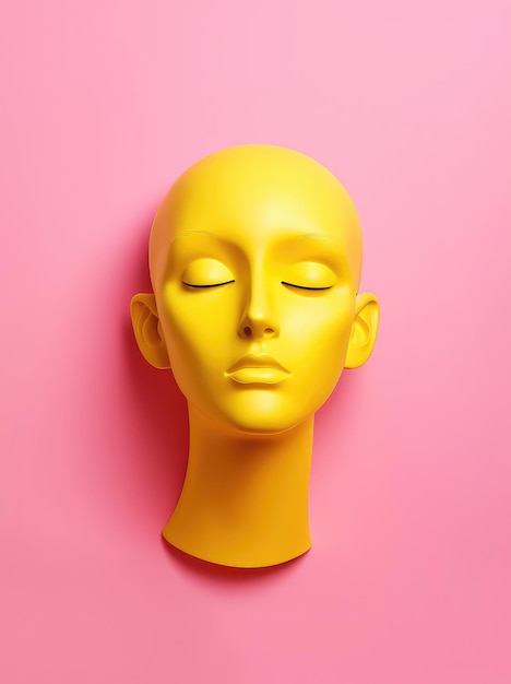 Testa di manichino femminile minimalista su uno sfondo giallo e rosa brillante