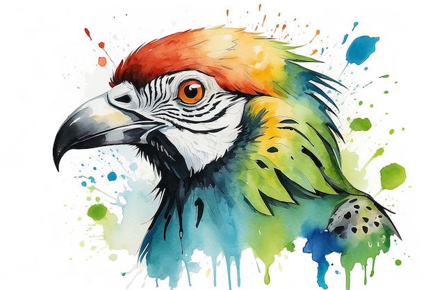 Testa di pappagallo disegnata a mano inchiostro e acquerello Splatter Art
