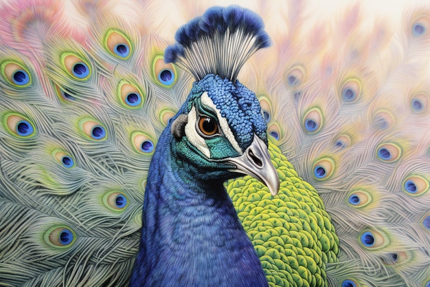 Testa di pavone con piume colorate close-up Ritratto di pavone bellissimo