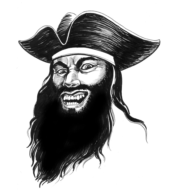 Testa di pirata arrabbiata. Disegno a inchiostro in bianco e nero