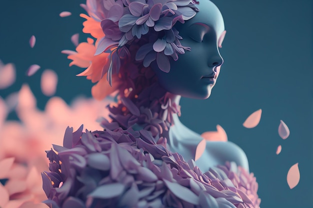 Testa di ragazza con composizione dinamica di fiori. IA generativa.
