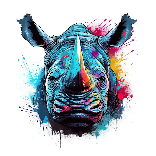 Testa di rinoceronte dipinta colorata in bronzo scuro e stile neonpunk azzurro